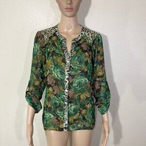 Fig and Flower Green Rose Floral Polyester Blouse Top Petite Medium PM
